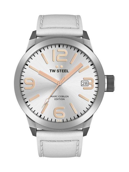 TW Steel Herrenuhr 50mm Batterie mit Weiß Lederarmband