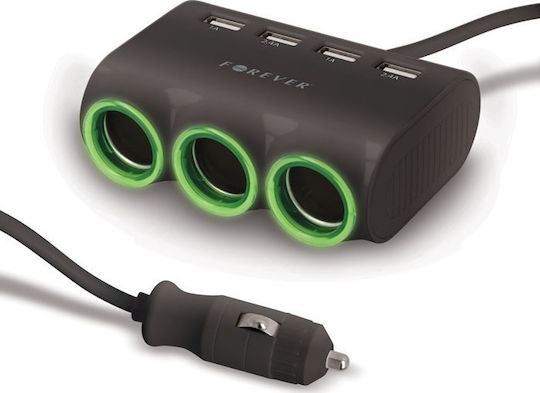 Forever Car Charger 120W 2.4A with Ports: 4xUSB with Cable Embedded Black Color