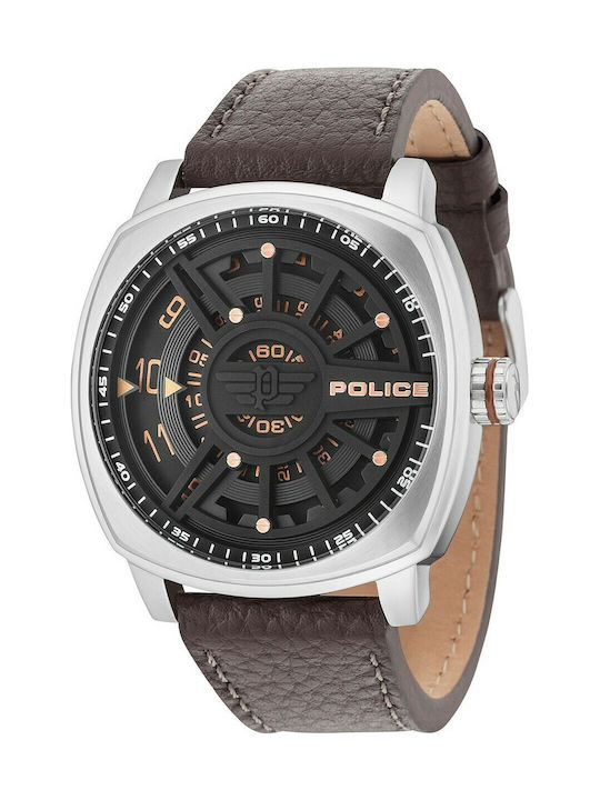 Police Uhr Batterie mit Braun Lederarmband PL15239JS-02