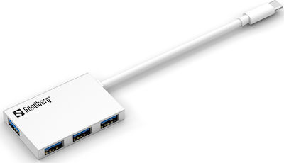 Sandberg Pocket USB 3.0 Hub 4 Θυρών με σύνδεση USB-C Λευκό