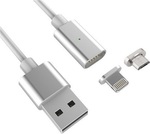 Magnetic USB to Lightning / micro USB Cable Silver 1m (j10020)
