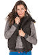 Body Action Scurt Jachetă de femei Fără mâneci Puffer cu glugă de blană pentru iarnă Negru