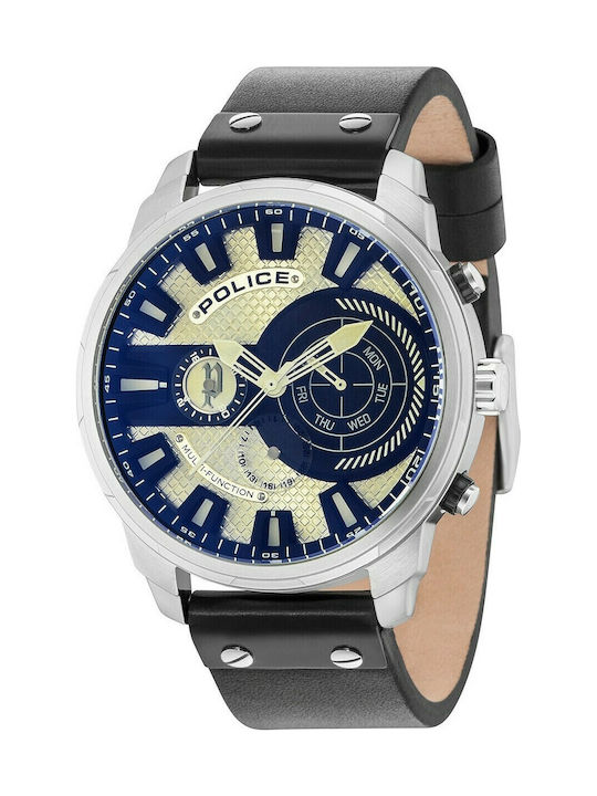 Police Leicester Multifunction Uhr Chronograph Batterie mit Schwarz Lederarmband