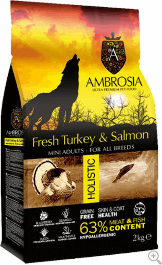 Ambrosia Turkey & Fresh Salmon Mini Adults 2kg Dry Food Grain-Free for Adult Small Breed Dogs with Turkey and Salmon