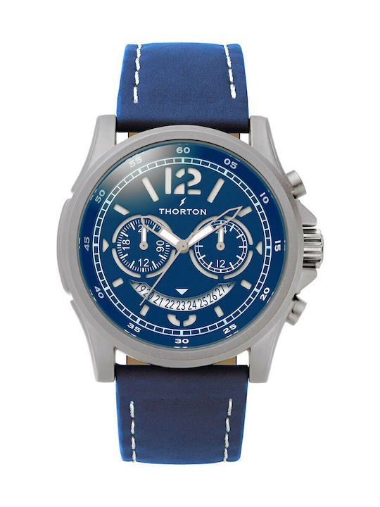 Thorton Ανδρικό Ρολόι 47mm Χρονογράφος Μπαταρίας με Μπλε Δερμάτινο Λουράκι