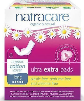 Natracare Ultra Extra Hygienepads mit Flügeln für Starke Strömung 5 Tropfen 8Stück Lang