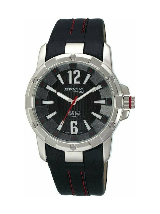 Q&Q Watch Battery with Black Leather Strap DA22J302Y