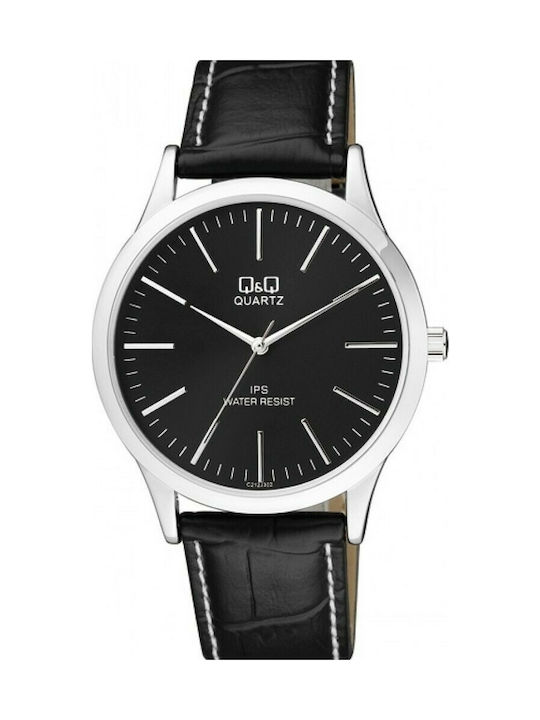 Q&Q Watch Battery with Black Leather Strap C212J302Y