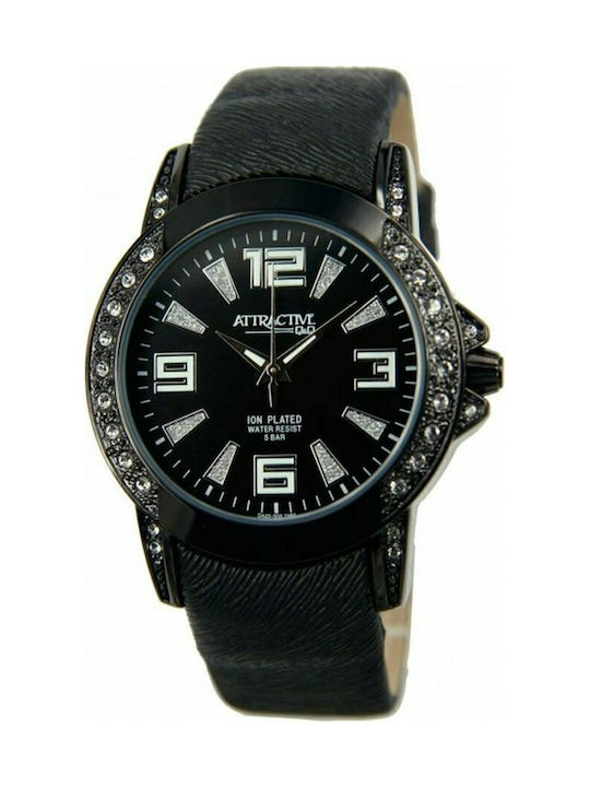 Q&Q Watch with Black Leather Strap DA25J505Y