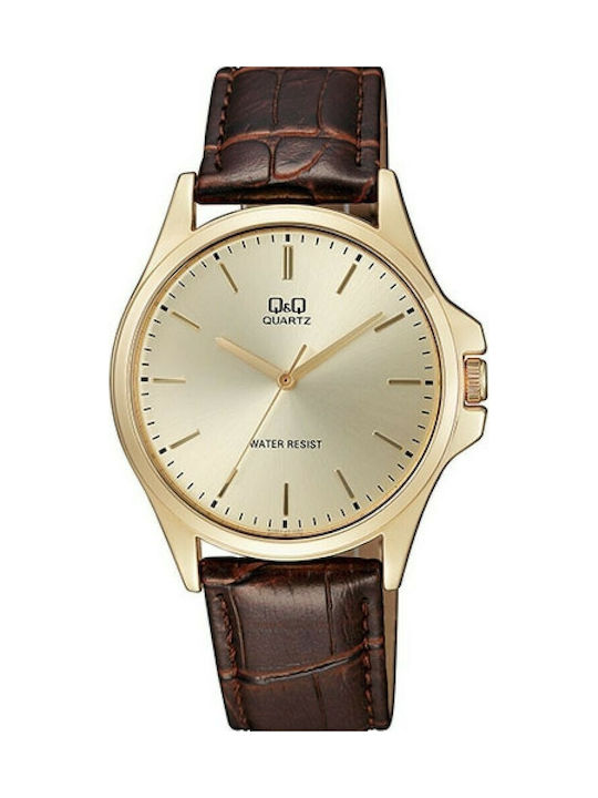 Q&Q Watch Battery with Brown Leather Strap QA06J100Y