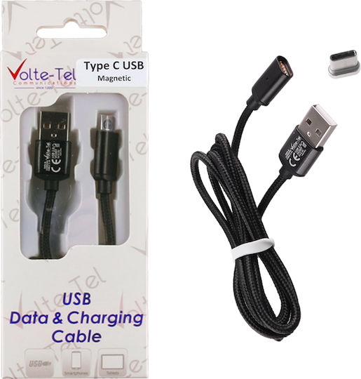 Volte-Tel Braided / Magnetic USB 2.0 Cable USB-C male - USB-A Μαύρο 1m 8201974