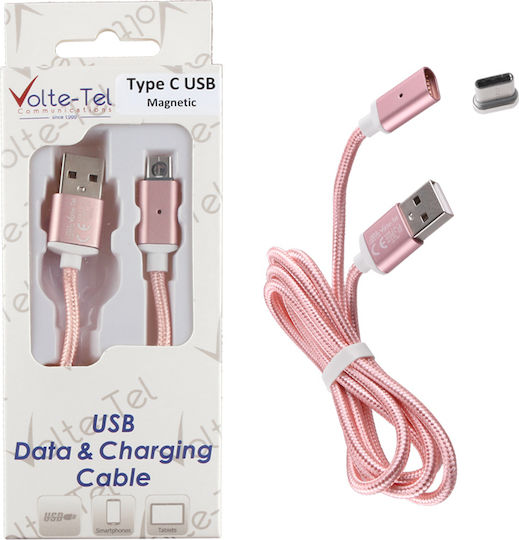 Volte-Tel VCD07 Braided / Magnetic USB 2.0 Cable USB-C male - USB-A Ροζ Χρυσό 1m 8202018