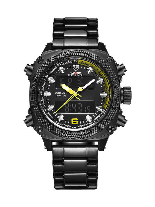 Weide Ceas Barbati 44mm Baterie cu Brățară din Metal Neagră