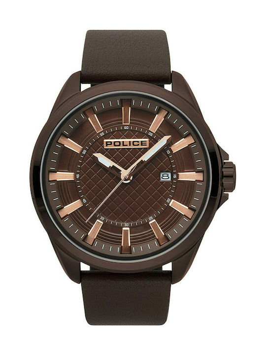 Police Checkmate Watch Battery with Brown Leather Strap
