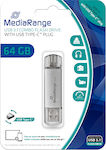 MediaRange 64GB USB 3.0 Stick with connection USB-A & USB-C Silver