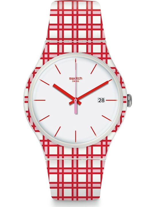 Swatch Riknik Γυναικείο Ρολόι 41mm Μπαταρίας με Κόκκινο Καουτσούκ Λουράκι