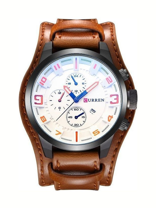 Curren Men's Watch 45mm Chronograph Battery with Leather Strap Brown / White