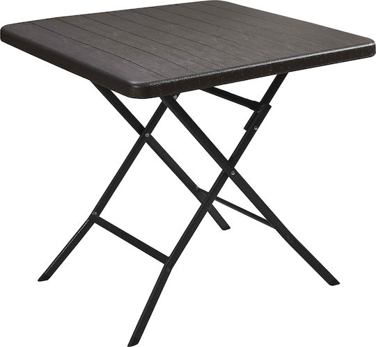 Outdoor Dinner Foldable Table with Wood Surface and Metal Frame Brown 78x78x74cm