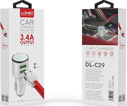 Ldnio Încărcător Auto Alb DL-C29 de Intensitate Totală 3.4A cu Porturi: 2xUSB împreună cu Cablu Micro-USB