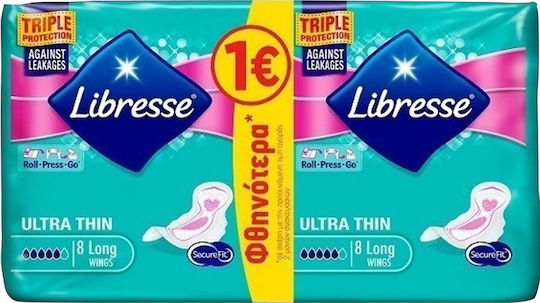 Libresse Ultra Thin Long Σερβιέτες με Φτερά για Αυξημένη Ροή 5 Σταγόνες σε Διπλή Συσκευασία 2x8τμχ