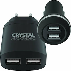Crystal Audio Φορτιστής Αυτοκινήτου Μαύρος Συνολικής Έντασης 2.4A με Θύρες: 2xUSB