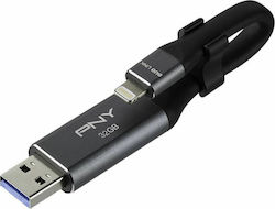 PNY Duo-Link 3.0 Cable Design 32GB USB 3.0 Stick with connection Lightning & USB-A Gray