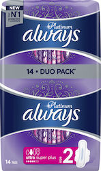 Always Platinum Ultra Super Plus Hygienepads mit Flügeln für Normaler Fluss 5 Tropfen Größe 2 in Doppelpack 2x7Stk