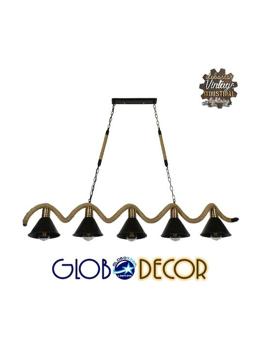 GloboStar Tymen Vintage Κρεμαστό Φωτιστικό Πολύφωτο Ράγα για 5 Λαμπτήρες E27 σε Μαύρο Χρώμα