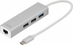 Digitus USB 3.0 Hub 3 Porturi cu conexiune USB-C / Ethernet Argint