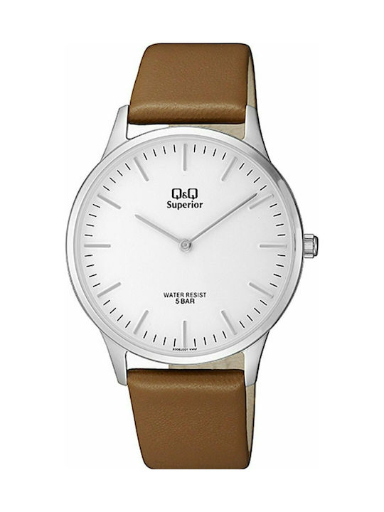 Q&Q Watch Battery with Brown Leather Strap S306J301Y