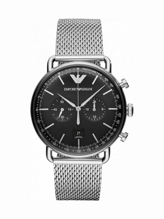 Emporio Armani Aviator Herrenuhr 43mm Chronograph Batterie mit Silber Metallarmband