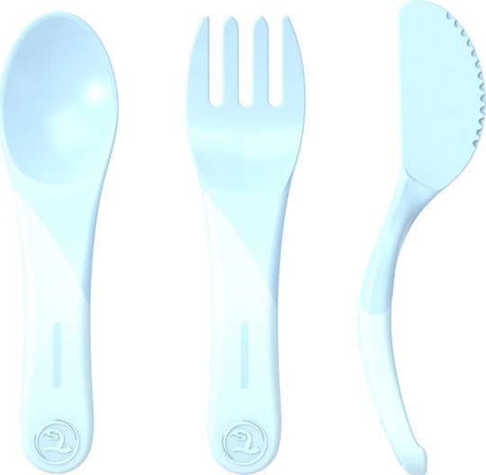 Twistshake Feeding Set Educational Set Spoon Knife Fork 6m+ Paste made of Plastic with Non-Slip Base Light Blue 3pcs for 6+ months