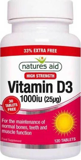 Natures Aid Vitamin D3 Βιταμίνη για Ενίσχυση του Ανοσοποιητικού & την Υγεία των Οστών 1000iu 25mg 120 ταμπλέτες