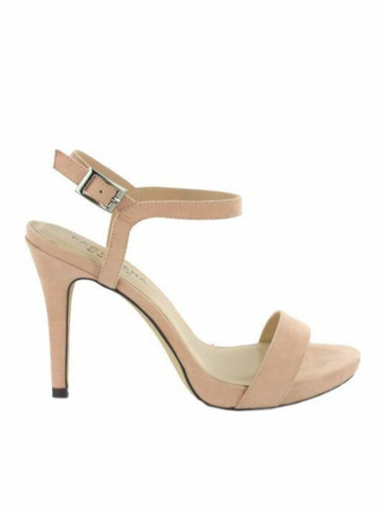 Menbur Fabric Women's Sandals Italia Beige with Thin High Heel