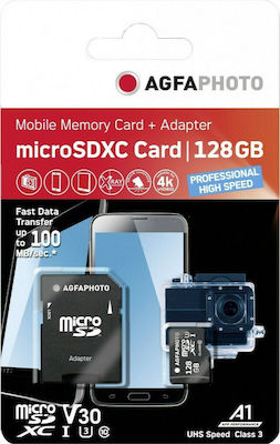 AgfaPhoto microSDXC 128GB Clasa 10 U3 V30 A1 Viteză mare cu adaptor