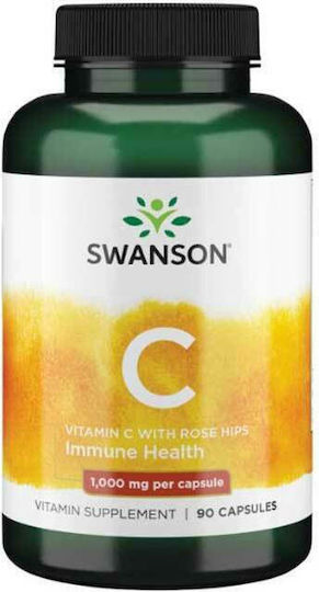 Swanson Vitamin C With Rose Hips Extract Vitamina pentru Întărirea Sistemului Imunitar, Pielea & Acțiune Antioxidantă 1000mg 90 capace