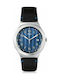 Swatch Cotes Silver Battery Watch with Leather Strap Black