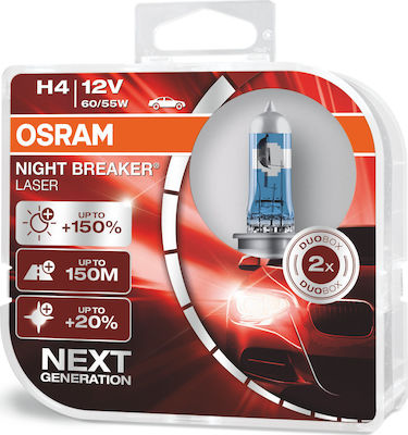 Osram Λάμπες Αυτοκινήτου Night Breaker Laser +150% H4 Αλογόνου 12V 55W 2τμχ