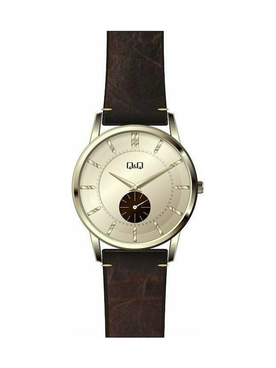 Q&Q Watch Battery with Brown Leather Strap QA60J801Y