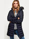 Superdry Luxe Super Fuji Mix Women's Long Puffer Jacket for Winter with Hood Navy Blue