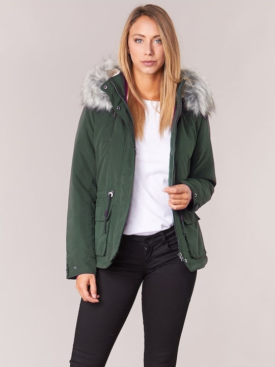 Women's for Hiking Short Parka Jacket for Winter with Detachable Hood Khaki