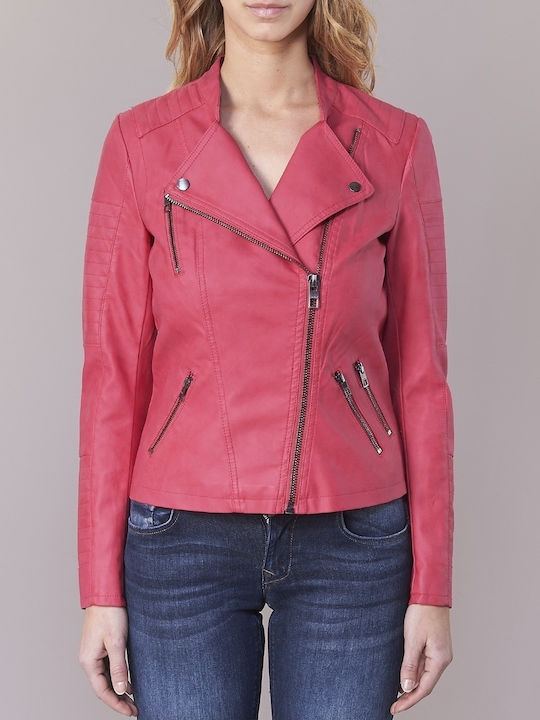 Only Women's Short Biker Artificial Leather Jacket for Winter Fuchsia