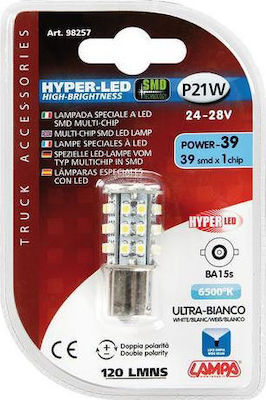 Lampa Lamps Car Hyper-Led Power 39 White P21W-BA15S-1156 LED 6500K Cold White 24-28V 21W 1pcs