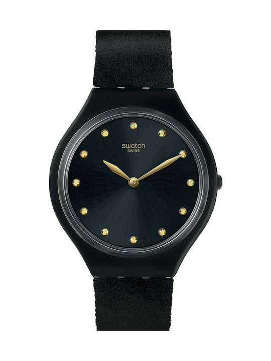 Swatch Skinora Watch with Black Leather Strap