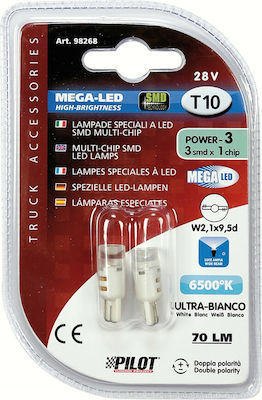 Lampa Λάμπες Αυτοκινήτου Mega-Led Hi-Power 3 White T10 LED 6500K Ψυχρό Λευκό 24-28V 2τμχ