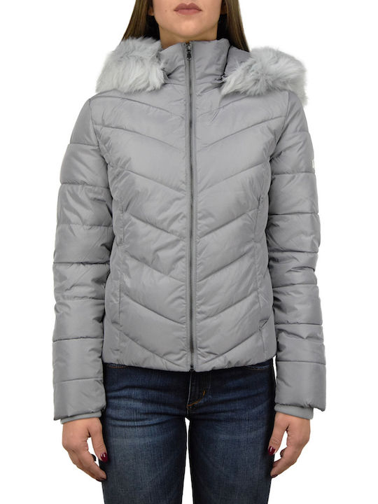 Biston Women's Short Puffer Jacket for Winter with Detachable Hood Gray