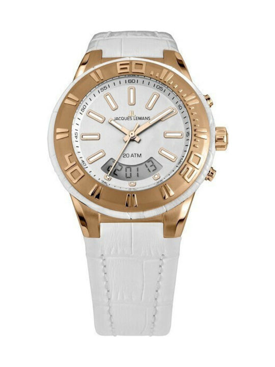 Jacques Lemans Γυναικείο Ρολόι 45mm Μπαταρίας με Λευκό Δερμάτινο Λουράκι