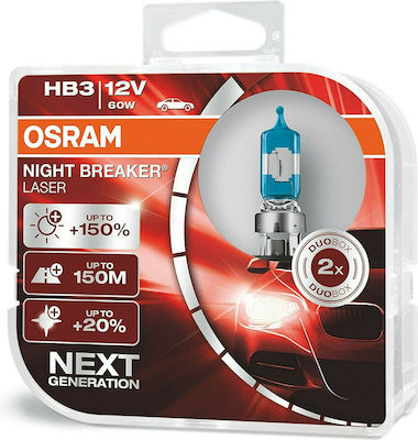 Osram Lămpi Autoturismului Night Breaker Laser +150% HB3-9005 Halogen 3200K Alb cald 12V 60W 2buc