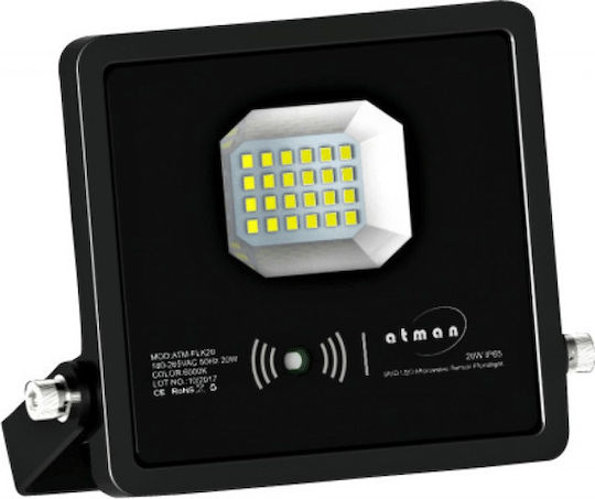 Atman Στεγανός Προβολέας LED 20W Ψυχρό Λευκό 6000K με Αισθητήρα Κίνησης και Φωτοκύτταρο IP65