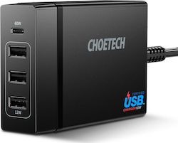 Choetech Suport de Încărcare cu 3 Porturi USB-A și Port USB-C 72W Livrarea energiei în culoarea Negru (PD72-1C3U)